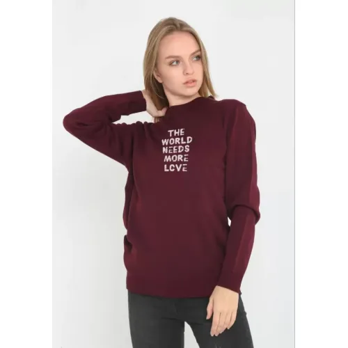 Unisex Bisiklet Yaka Baskılı Dokuma Triko - Bordo Unisex Bisiklet Yaka Baskılı Dokuma Triko - Bordo