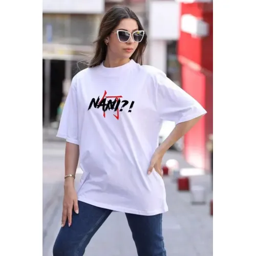 Unisex Bisiklet Yaka Baskılı Oversize T-Shirt - Beyaz Unisex Bisiklet Yaka Baskılı Oversize T-Shirt - Beyaz