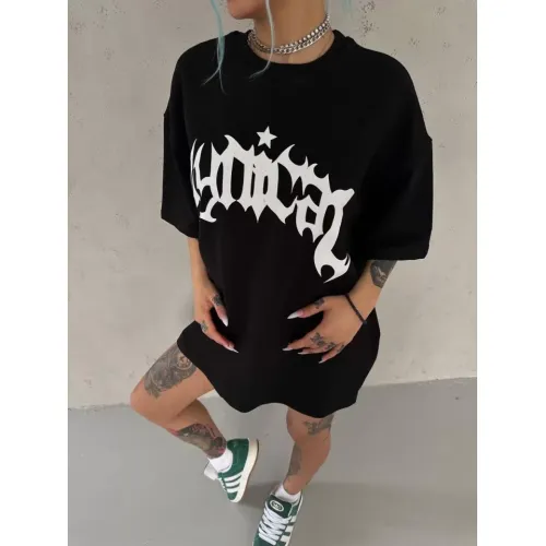 Unisex Bisiklet Yaka Baskılı Oversize T-Shirt - Siyah Unisex Bisiklet Yaka Baskılı Oversize T-Shirt - Siyah