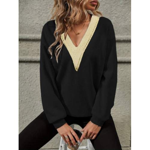 Kadın Uzun Kollu V Dantel Yaka şardonsuz üç Iplik Bluz