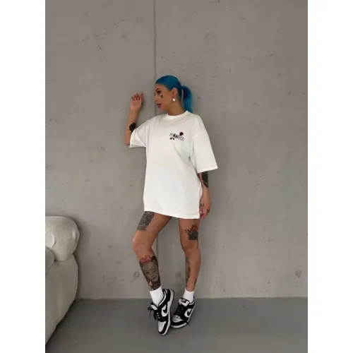 Unisex Bisiklet Yaka Baskılı Oversize T-Shirt - Beyaz Unisex Bisiklet Yaka Baskılı Oversize T-Shirt - Beyaz