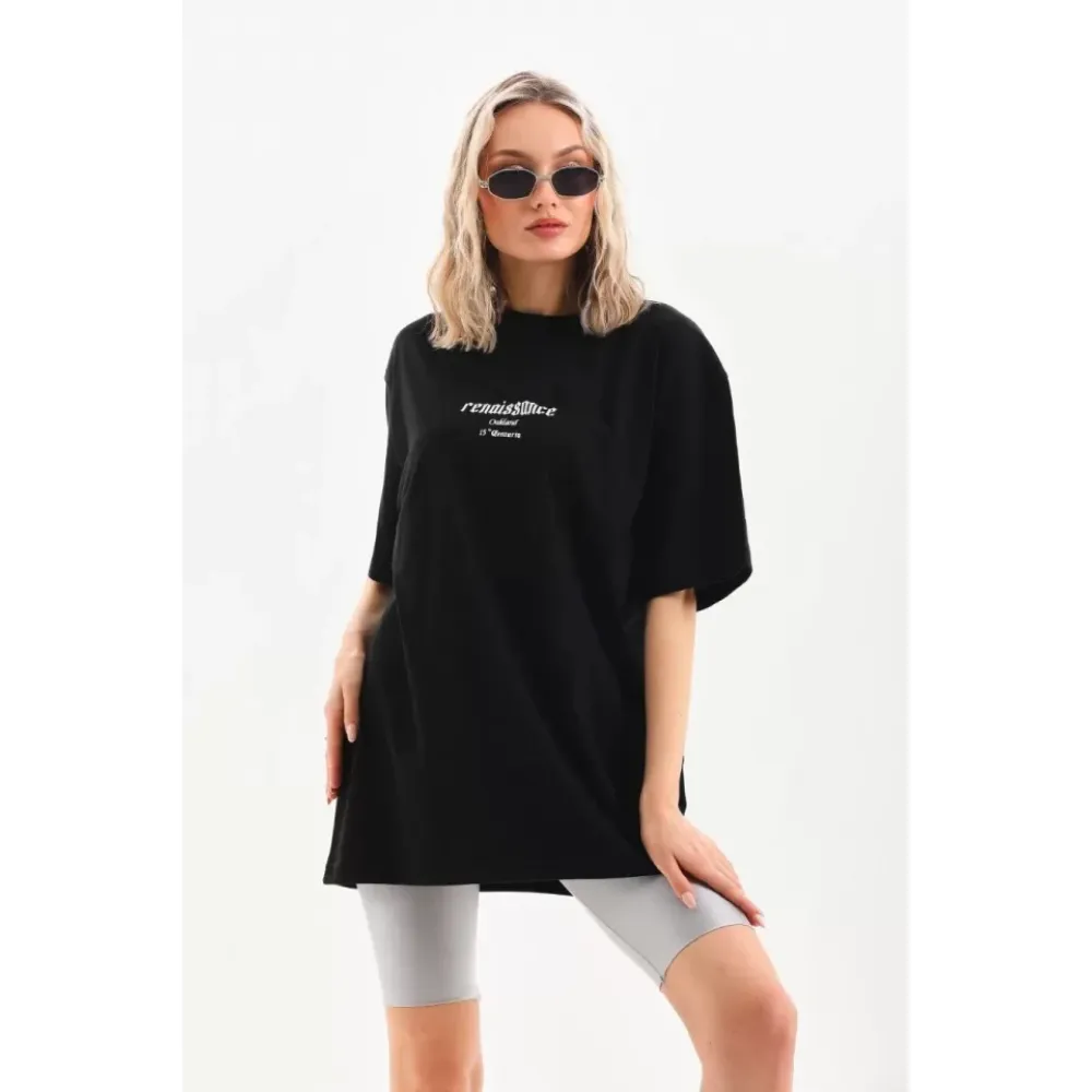 Unisex Baskılı Oversize T-Shirt - Siyah