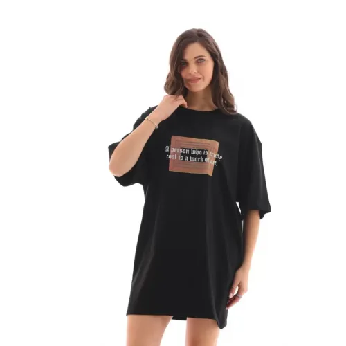 Unisex Bisiklet Yaka Baskılı Oversize T-Shirt - Siyah Unisex Bisiklet Yaka Baskılı Oversize T-Shirt - Siyah