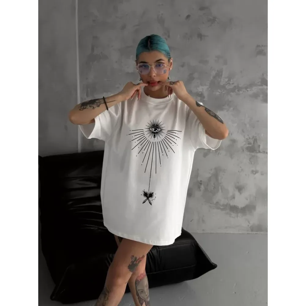 Unisex Bisiklet Yaka Baskılı Oversize T-Shirt - Beyaz