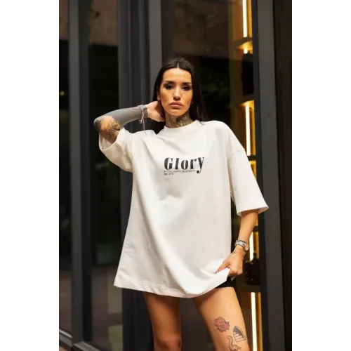 Unisex Bisiklet Yaka Baskılı Oversize T-Shirt - Beyaz Unisex Bisiklet Yaka Baskılı Oversize T-Shirt - Beyaz