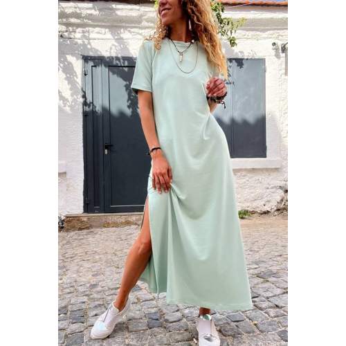 Kadın Bisiklet Yaka Kısa Kollu Derin Yırtmaç Detaylı Maxi Boy Elbise