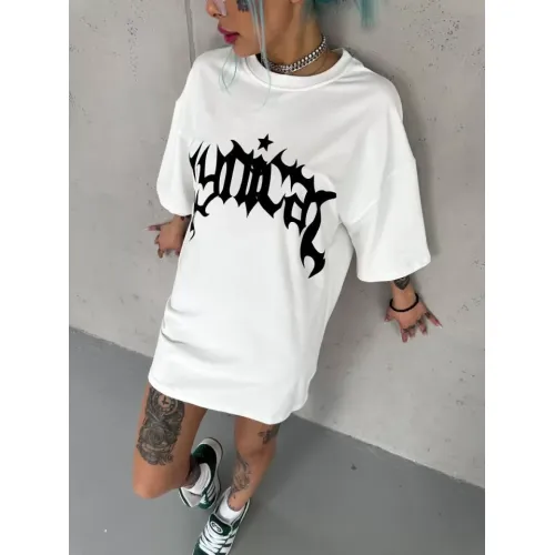 Unisex Bisiklet Yaka Baskılı Oversize T-Shirt - Beyaz Unisex Bisiklet Yaka Baskılı Oversize T-Shirt - Beyaz