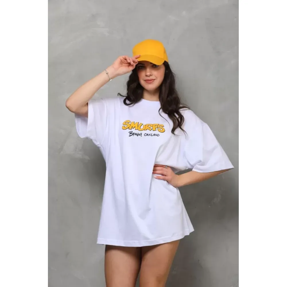 Unisex Bisiklet Yaka Baskılı Oversize T-Shirt - Beyaz