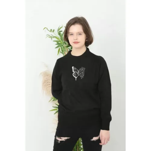 Unisex Bisiklet Yaka Baskılı Dokuma Triko - Siyah Unisex Bisiklet Yaka Baskılı Dokuma Triko - Siyah