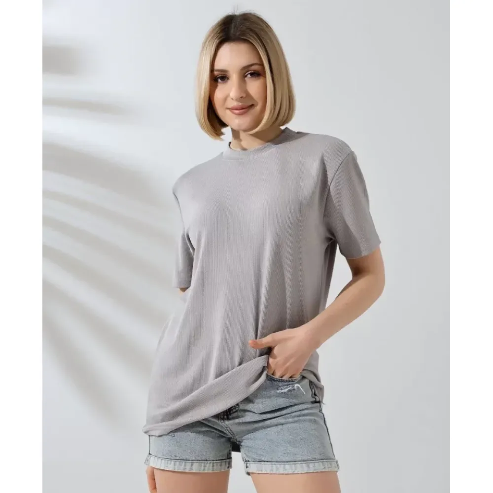 Unisex Bisiklet Yaka Slim Fit T-Shirt - Boyalı Gri