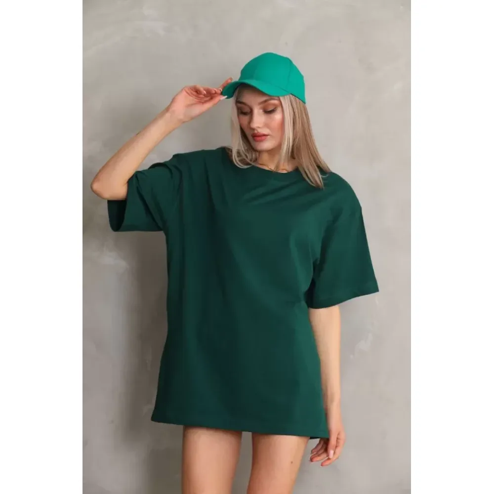 Unisex Bisiklet Yaka 20/1 Düz Oversize T-Shirt - Yeşil