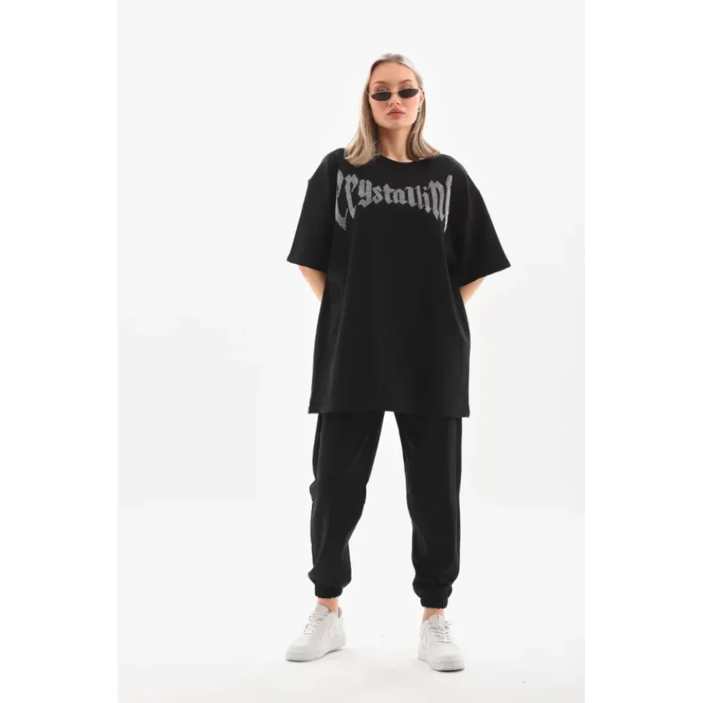 Unisex Taş Desenli Oversize T-Shirt - Beyaz