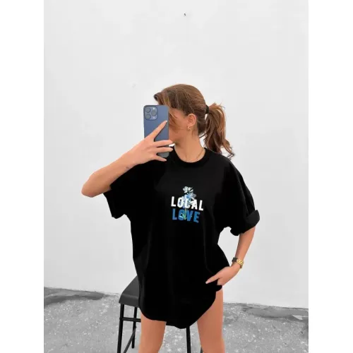 Unisex Bisiklet Yaka Baskılı Oversize T-Shirt - Siyah Unisex Bisiklet Yaka Baskılı Oversize T-Shirt - Siyah