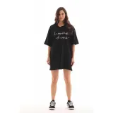 Unisex Bisiklet Yaka Baskılı Oversize T-Shirt - Siyah