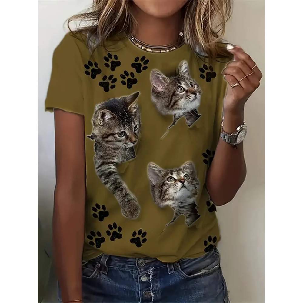 Kadın Kısa Kollu Kedi Ve Pati Baskılı Süprem T-shirt