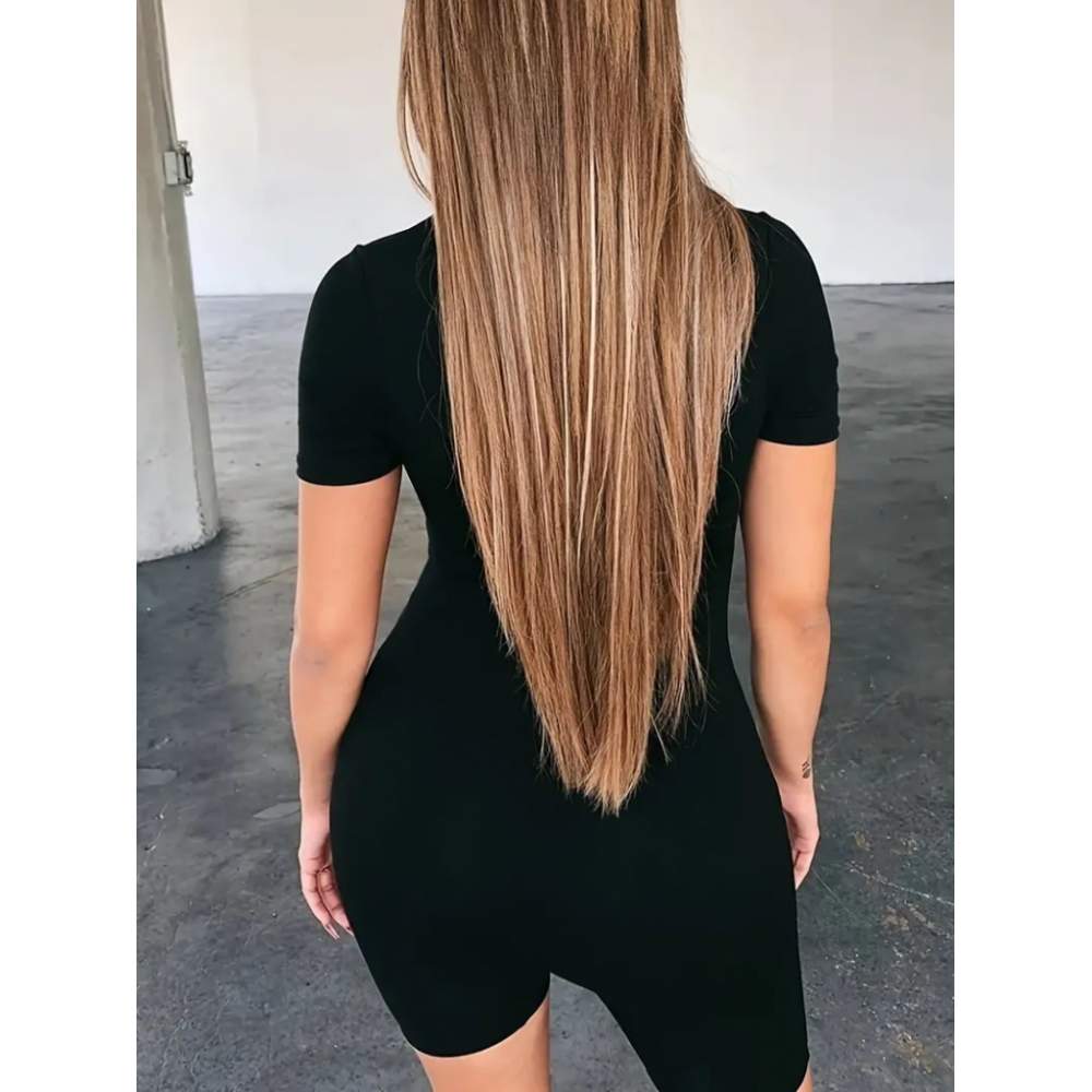 Kadın Kısa Kollu önü Fermuarlı Bodycon Dalgıç Tulum