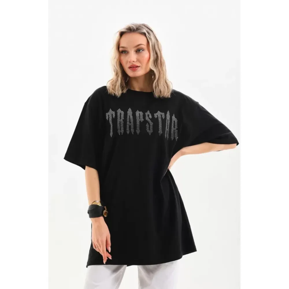 Unisex Taş Desenli Oversize T-Shirt - Siyah