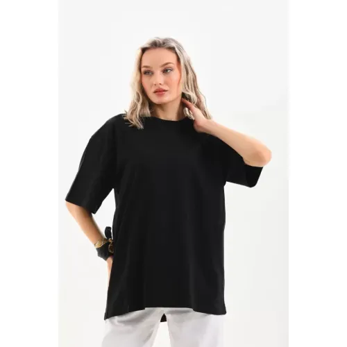 Unisex Bisiklet Yaka 20/1 Düz Oversize T-Shirt - Siyah Unisex Bisiklet Yaka 20/1 Düz Oversize T-Shirt - Siyah