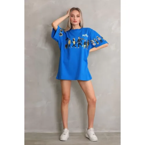 Unisex Bisiklet Yaka Baskılı Oversize T-Shirt - Mavi Unisex Bisiklet Yaka Baskılı Oversize T-Shirt - Mavi