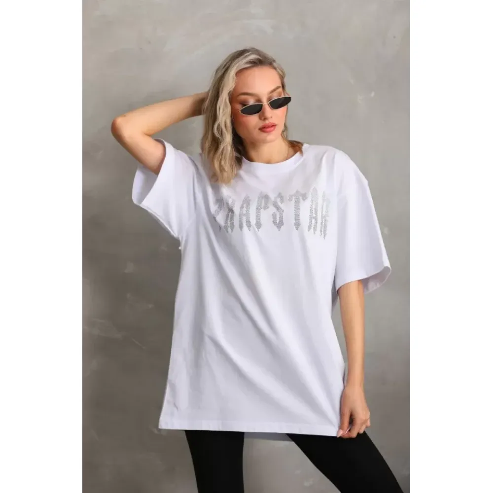 Unisex Taş Desenli Oversize T-Shirt - Beyaz