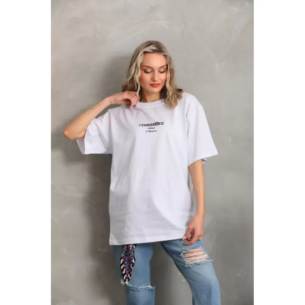 Unisex Baskılı Oversize T-Shirt - Beyaz