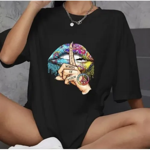 Unisex Bisiklet Yaka Baskılı Oversize T-Shirt - Siyah Unisex Bisiklet Yaka Baskılı Oversize T-Shirt - Siyah