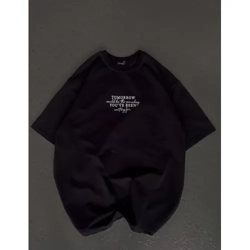 Unisex Bisiklet Yaka Baskılı Oversize T-Shirt - Siyah Unisex Bisiklet Yaka Baskılı Oversize T-Shirt - Siyah