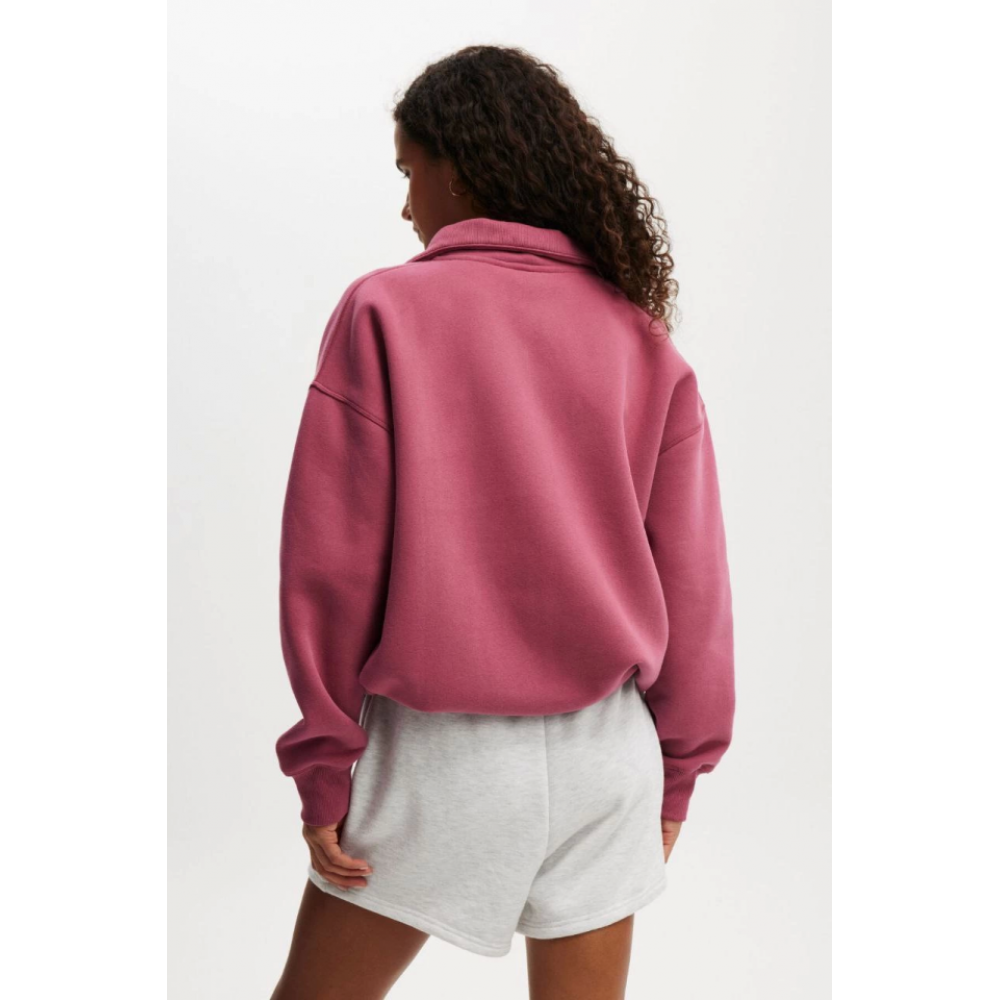 Oversize Yarım Farmuarlı Yakalı Basic SweatShirt - Gül Kurusu