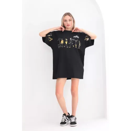 Unisex Bisiklet Yaka Baskılı Oversize T-Shirt - Siyah Unisex Bisiklet Yaka Baskılı Oversize T-Shirt - Siyah