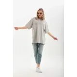 Unisex Taş Desenli Oversize T-Shirt - Gri