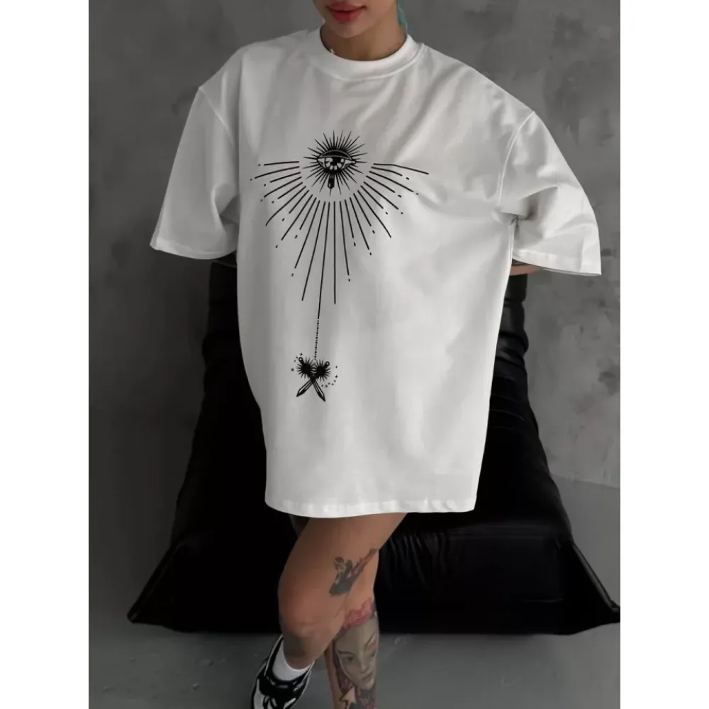 Unisex Bisiklet Yaka Baskılı Oversize T-Shirt - Beyaz