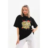 Unisex Baskılı Oversize T-Shirt - Siyah