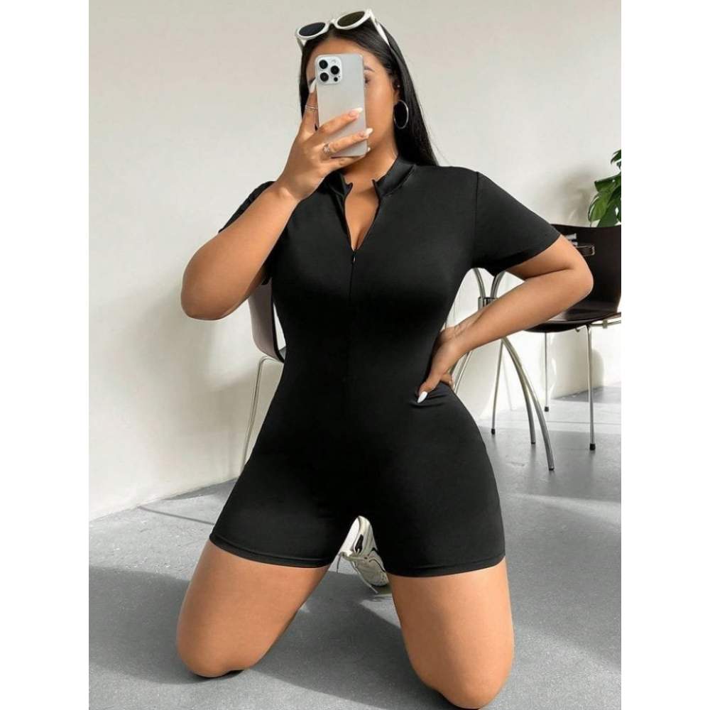 Kadın Kısa Kollu önü Fermuarlı Bodycon Dalgıç Tulum