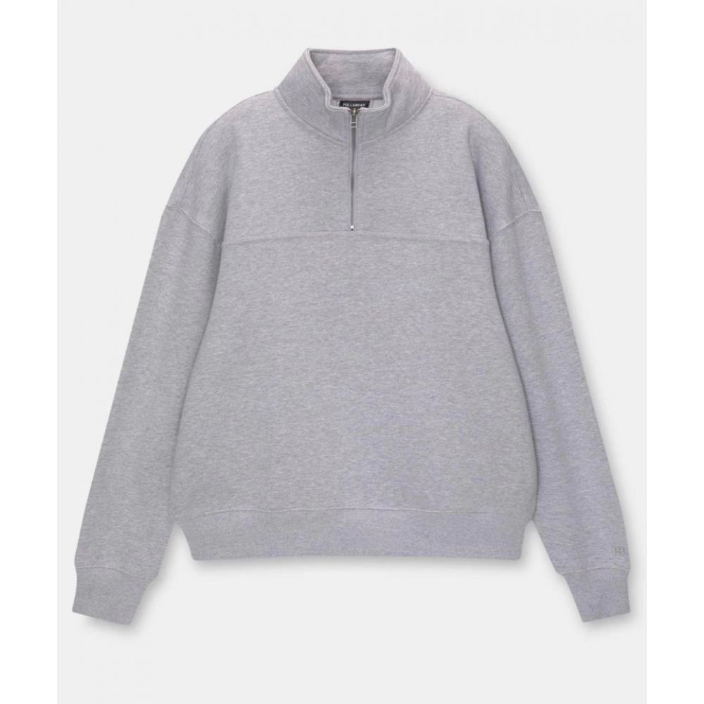 Oversize Yarım Farmuarlı Yakalı Basic SweatShirt - Gri