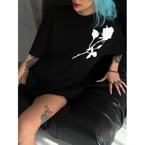 Unisex Bisiklet Yaka Baskılı Oversize T-Shirt - Siyah Unisex Bisiklet Yaka Baskılı Oversize T-Shirt - Siyah
