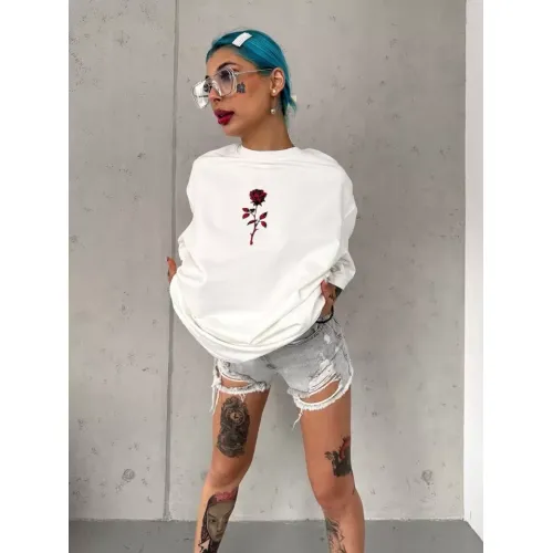 Unisex Bisiklet Yaka Baskılı Oversize T-Shirt - Beyaz Unisex Bisiklet Yaka Baskılı Oversize T-Shirt - Beyaz