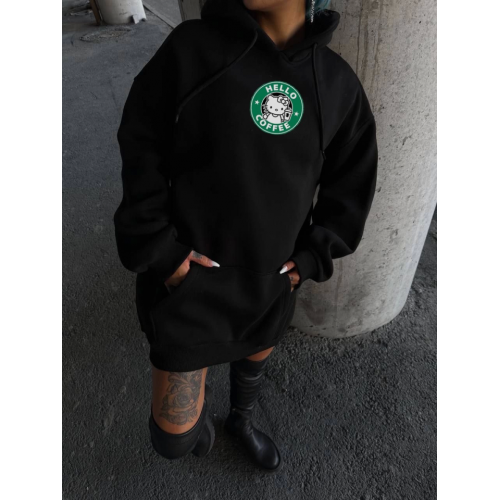 Üç İplik Penye Uzun Kol Kapşonlu SweatShirt - Siyah Üç İplik Penye Uzun Kol Kapşonlu SweatShirt - Siyah