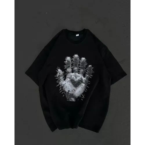 Unisex Bisiklet Yaka Baskılı Oversize T-Shirt - Siyah Unisex Bisiklet Yaka Baskılı Oversize T-Shirt - Siyah