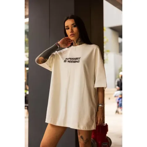 Unisex Bisiklet Yaka Baskılı Oversize T-Shirt - Beyaz Unisex Bisiklet Yaka Baskılı Oversize T-Shirt - Beyaz