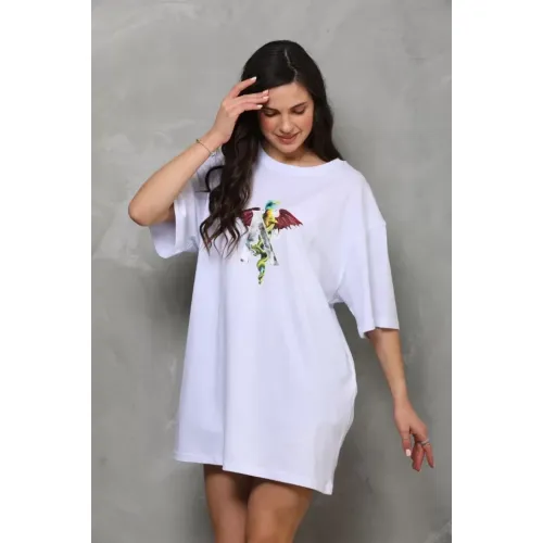 Unisex Bisiklet Yaka Baskılı Oversize T-Shirt - Beyaz Unisex Bisiklet Yaka Baskılı Oversize T-Shirt - Beyaz