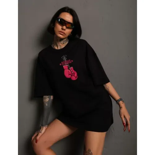 Unisex Bisiklet Yaka Baskılı Oversize T-Shirt - Siyah Unisex Bisiklet Yaka Baskılı Oversize T-Shirt - Siyah