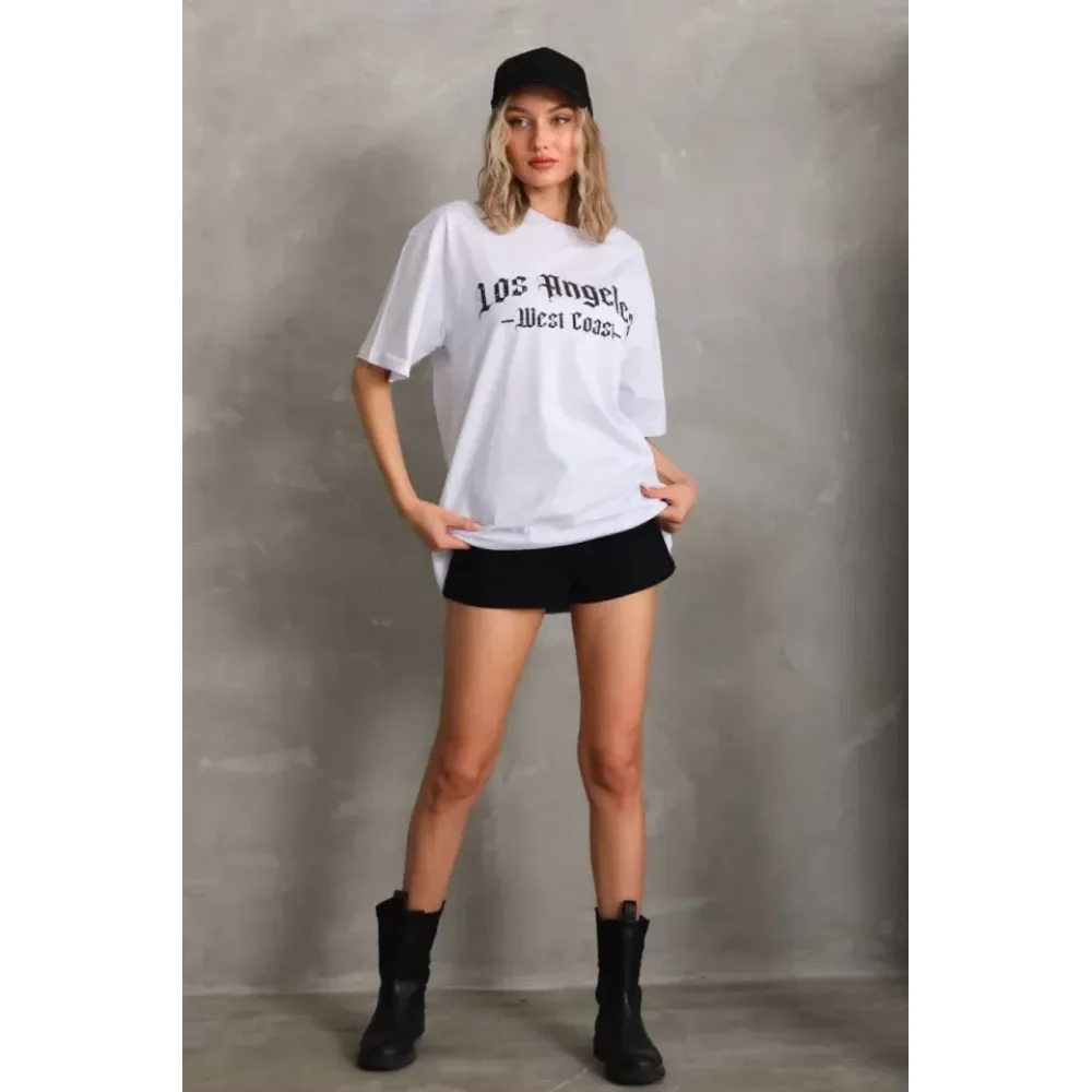 Unisex Baskılı Oversize T-Shirt - Beyaz