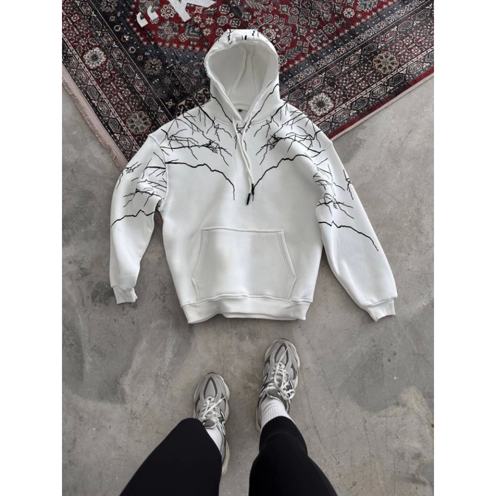 Yıldırım Baskılı Kapşonlu SweatShirt - Beyaz