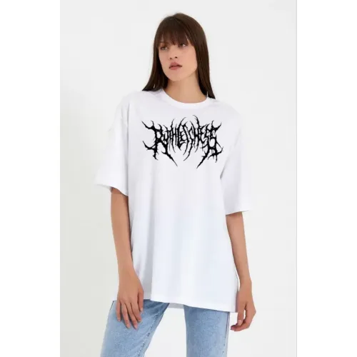 Unisex Bisiklet Yaka Baskılı Oversize T-Shirt - Beyaz Unisex Bisiklet Yaka Baskılı Oversize T-Shirt - Beyaz