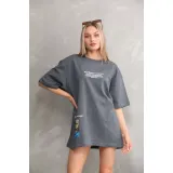 Unisex Bisiklet Yaka Baskılı Oversize T-Shirt - Gri