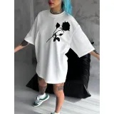 Unisex Bisiklet Yaka Baskılı Oversize T-Shirt - Beyaz