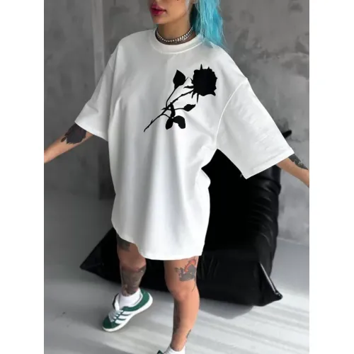 Unisex Bisiklet Yaka Baskılı Oversize T-Shirt - Beyaz Unisex Bisiklet Yaka Baskılı Oversize T-Shirt - Beyaz