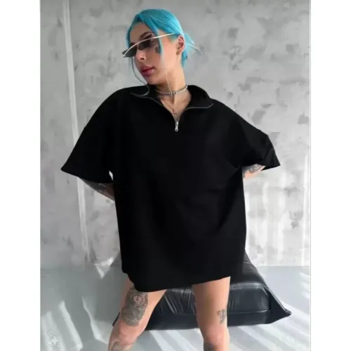 Unisex Yarım Fermuarlı Düz Oversize T-Shirt - Siyah Unisex Yarım Fermuarlı Düz Oversize T-Shirt - Siyah
