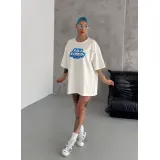 Unisex Bisiklet Yaka Baskılı Oversize T-Shirt - Beyaz