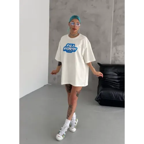 Unisex Bisiklet Yaka Baskılı Oversize T-Shirt - Beyaz Unisex Bisiklet Yaka Baskılı Oversize T-Shirt - Beyaz